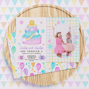 Joint Sisters Rainbow Birthday Party Photo Invitation