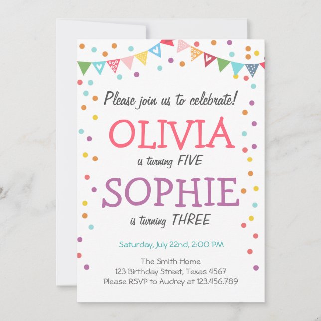 Joint twin birthday party invitation confetti (Front)