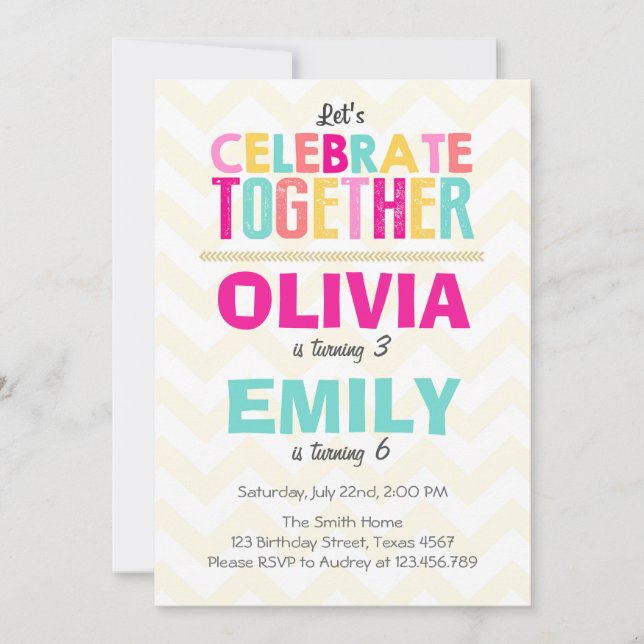 Joint twin birthday party invitation Girls Pink (Front)