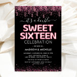 Joint Twin Sweet Sixteen 16th Birthday Party Invitation<br><div class="desc">Modern joint 16th birthday party invitations featuring a stylish black background,  pink glitter and confetti,  sweet sixteen pink hellium balloons,  and a double celebration template that is easy to personalise.</div>