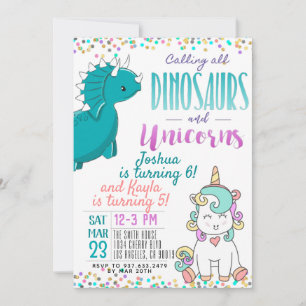 Joint Unicorn Dinosaur Birthday Invitation