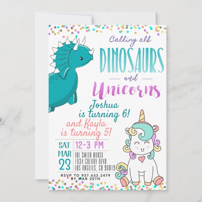 Joint Unicorn Dinosaur Birthday Invitation (Front)