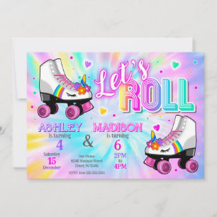 Joint Unicorn Roller Skating Tie Dye Birthday Invitation