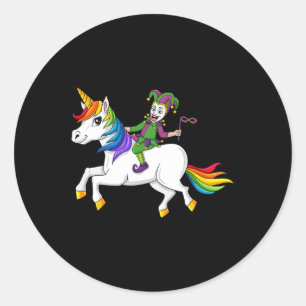 Joker Riding Unicorn Mardi Gras Fun Girls Kids Classic Round Sticker