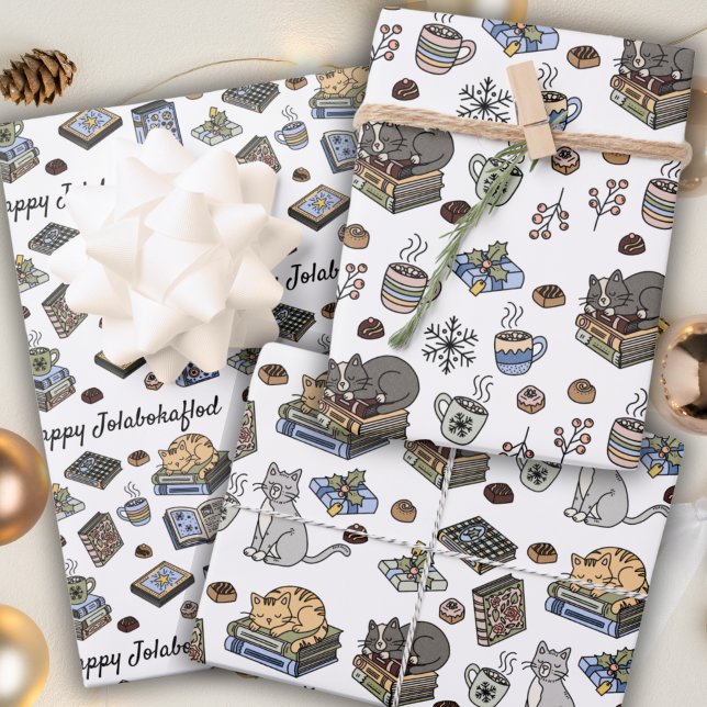 Jolabokaflod Books, Cats, and Cocoa Christmas Gift Wrapping Paper Sheet (Creator Uploaded)