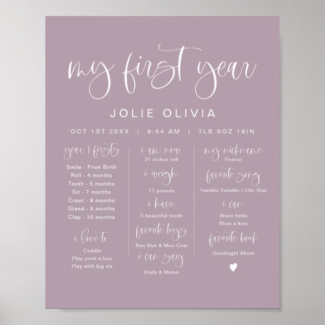 JOLIE Lavender Purple First Birthday Milestone Poster (Front)