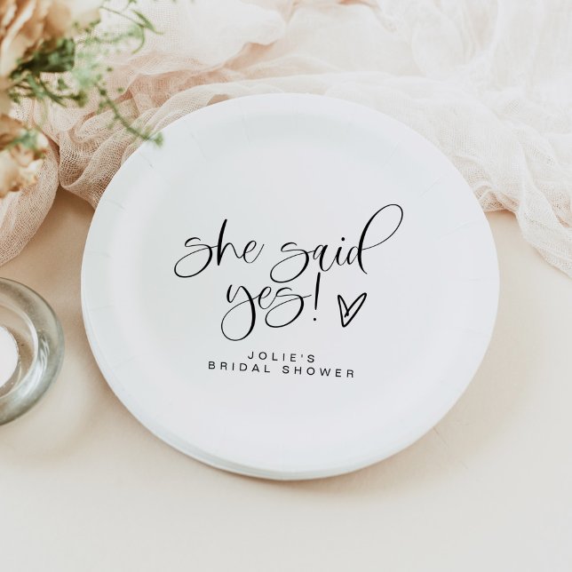 JOLIE Minimalist She Said Yes Heart Bridal Shower Paper Plate (Creator Uploaded)