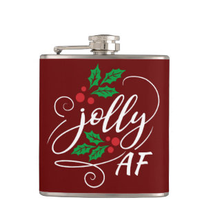 Jolly AF Christmas Holly Alcohol Drinking Humour Hip Flask