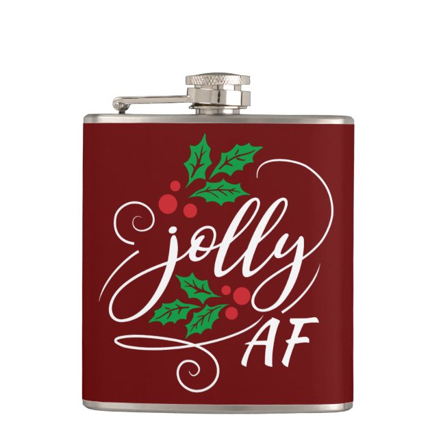 Jolly AF Christmas Holly Alcohol Drinking Humour Hip Flask (Front)