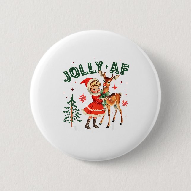 Jolly Af Christmas Retro 50s Cute Girl And Deer Vi 6 Cm Round Badge (Front)