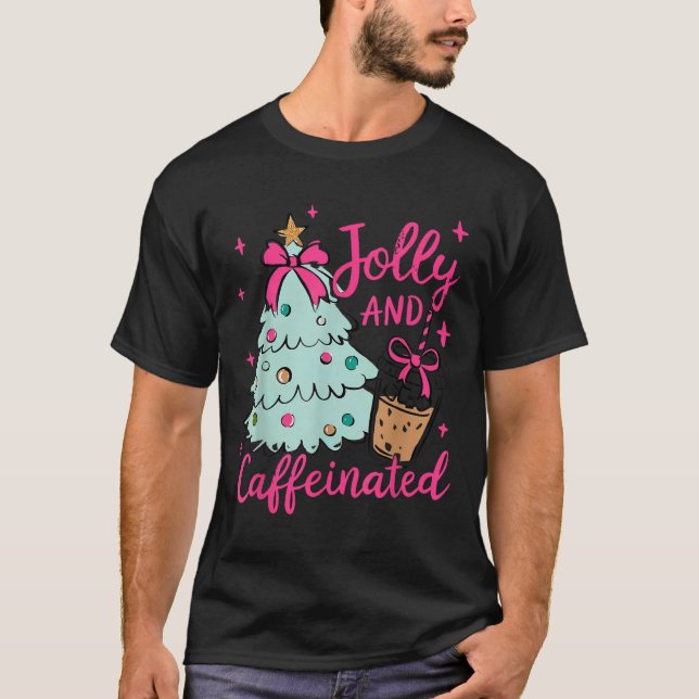 Jolly &amp; Caffeinated Coffee Coquette Bow Xmas T T-Shirt (Front)