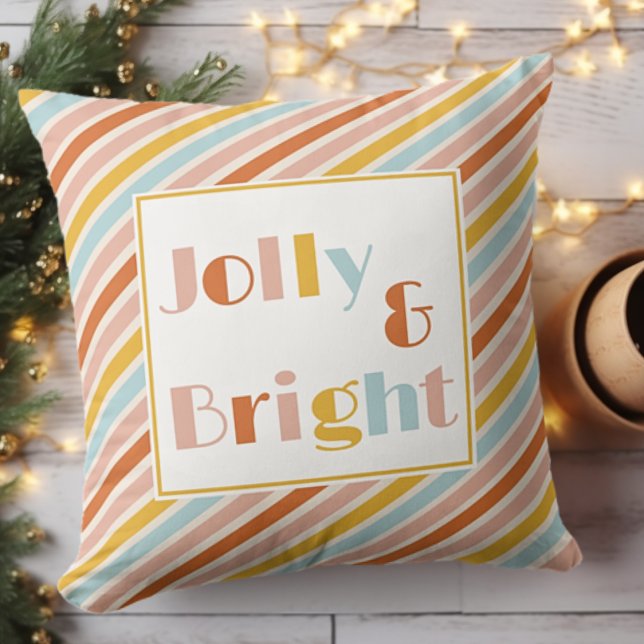 Jolly and Bright Colourful Stripes Christmas Cushion (Jolly and Bright Colorful Stripe Christmas Throw Pillow Holiday Decor)