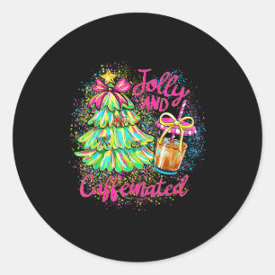 Jolly And Caffeinated Christmas Tree Coquette Bow  Classic Round Sticker