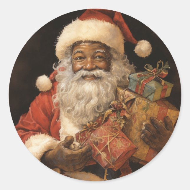 Jolly Black Santa: Festive Christmas Greetings Classic Round Sticker (Front)