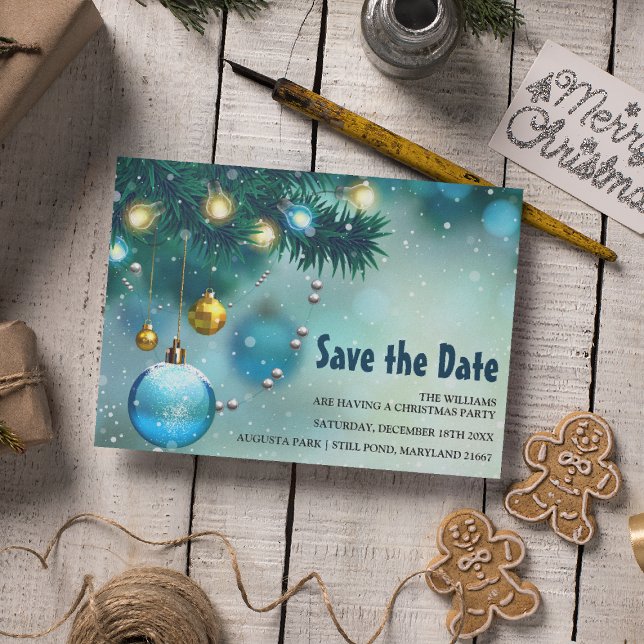 Jolly Blue & Gold Christmas Save the Date Invitation Postcard (Creator Uploaded)