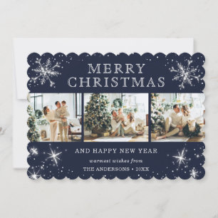 Jolly Blue Silver Sparkly Snowflake Photo Collage Holiday Card