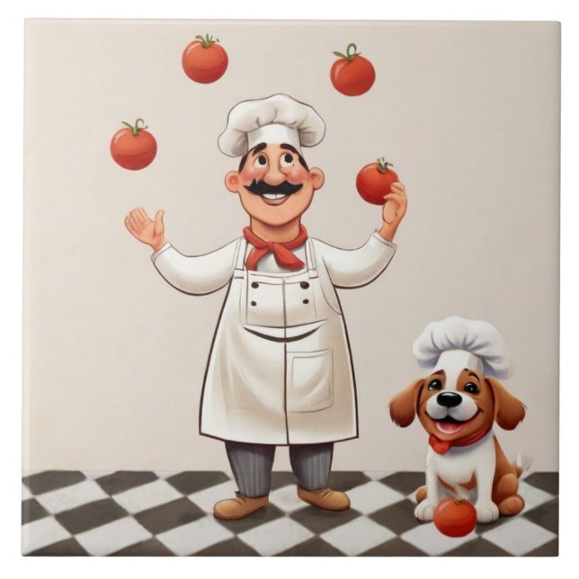 Jolly Chef: French Cook Juggling Tomatoes with dog Ceramic Tile (Front)