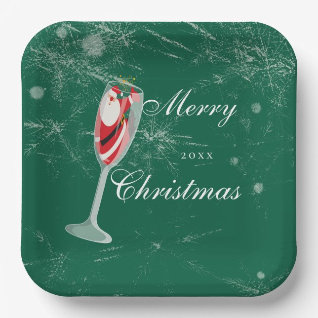 Jolly Christmas Cheers with Santa Champagne winter Paper Plate (Front)