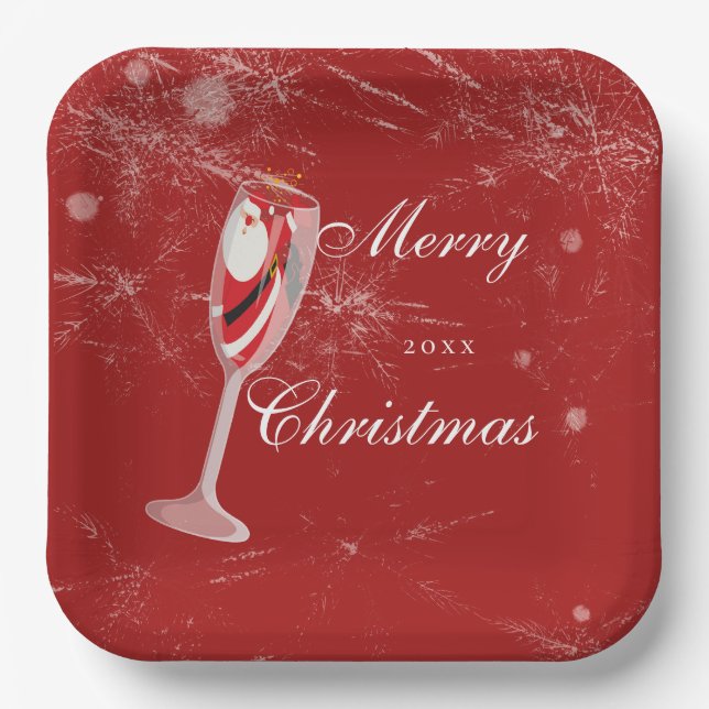 Jolly Christmas Cheers with Santa Champagne winter Paper Plate (Front)