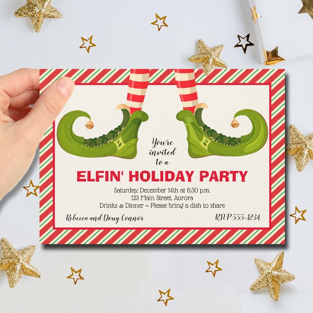 Jolly Christmas Elf Legs Stripes Holiday Invitation (Jolly Christmas Elf Legs Stripes Holiday Party Invitations)