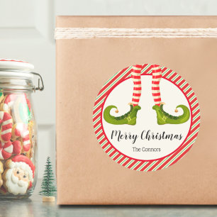 Jolly Christmas Elf Legs Stripes Holiday ROUND Classic Round Sticker