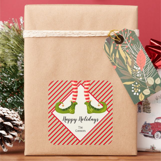 Jolly Christmas Elf Legs Stripes Holiday SQUARE Square Sticker (Holiday)