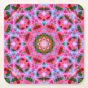 Jolly Christmas Pink Green Red Merry Star Pattern Square Paper Coaster