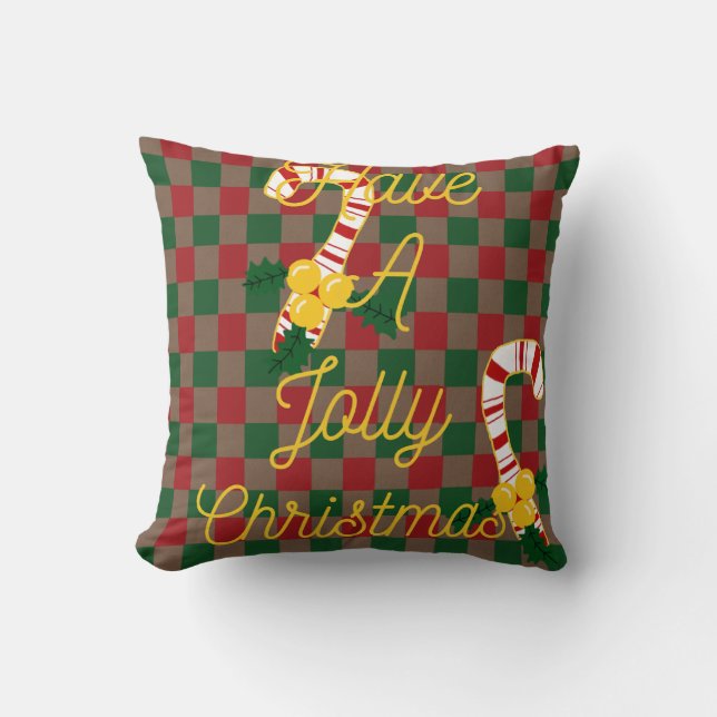 Jolly Christmas Red Green Chequered Plaid Candy Ca Cushion (Front)