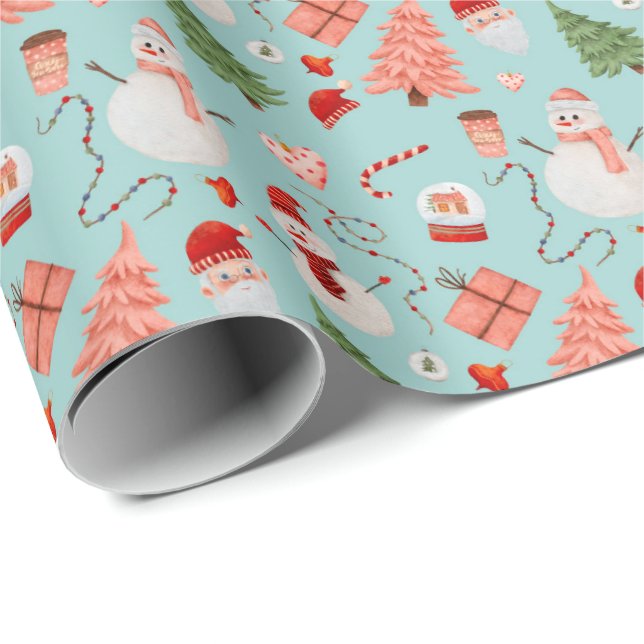 Jolly Christmas Time Wrapping Paper - Light Blue (Roll Corner)