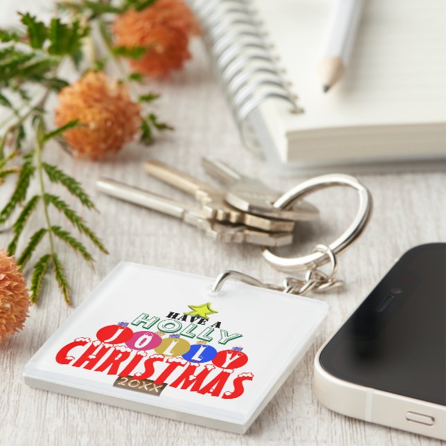 Jolly Christmas Tree Ornaments Monogram Key Ring (Front Right)