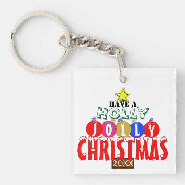 Jolly Christmas Tree Ornaments Monogram Key Ring (Front)