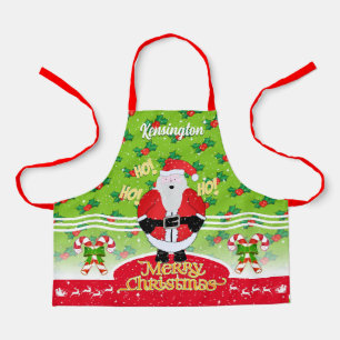 Jolly Fat Santa with Candy Cane and Holly on Green Apron