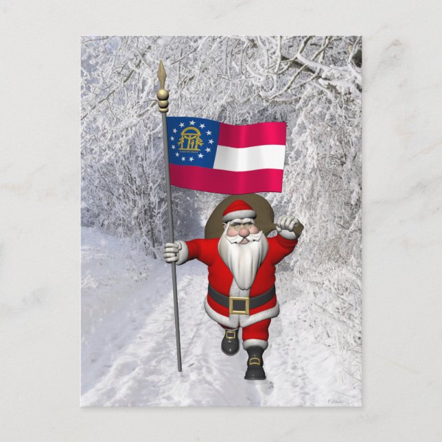 Jolly Father Christmas With Ensign Of Georgia Holiday Postcard (Front)