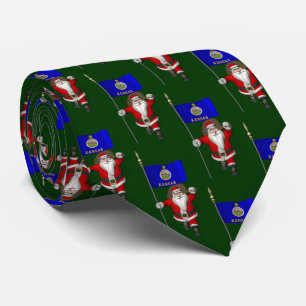 Jolly Father Christmas With Flag Of Kansas Tie