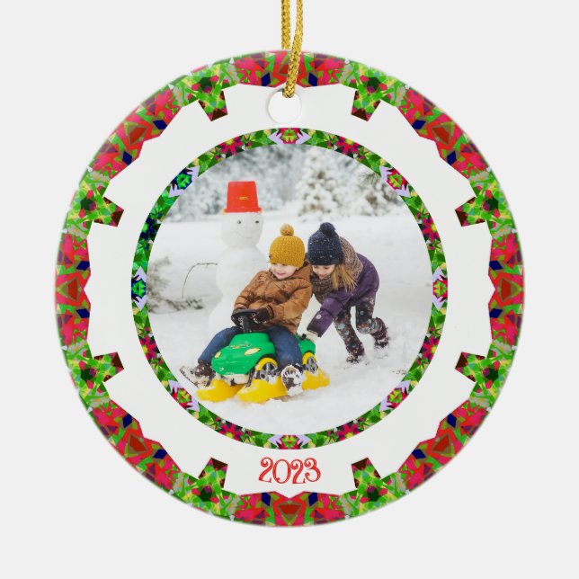 Jolly Festive Custom Christmas Photo Picture Frame Ceramic Ornament (Front)