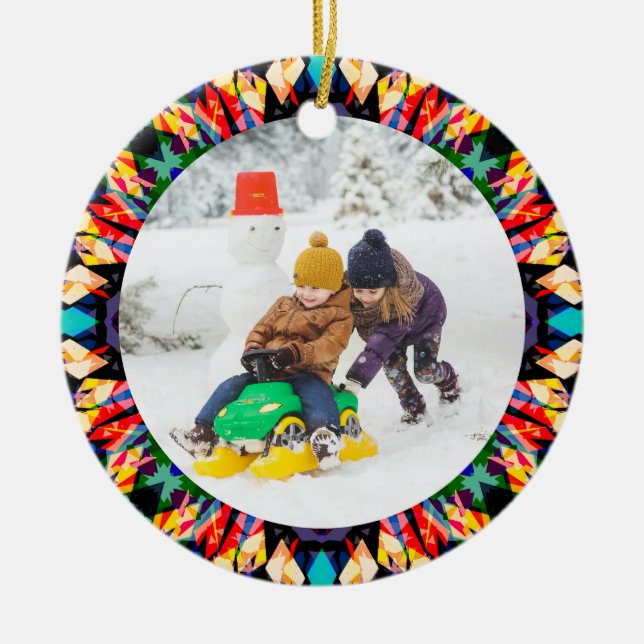 Jolly Festive Custom Christmas Photo Picture Frame Ceramic Ornament (Front)