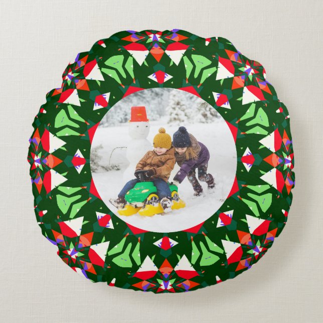 Jolly Festive Custom Christmas Photo Picture Frame Round Cushion (Front)