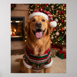 Jolly Golden Retriever Dog in Cozy Sweater Custom  Poster