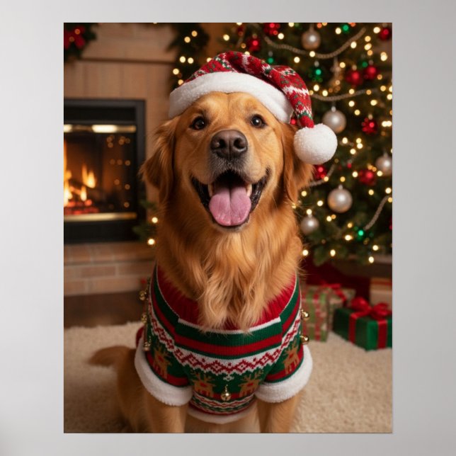 Jolly Golden Retriever Dog in Cozy Sweater Custom  Poster (Front)