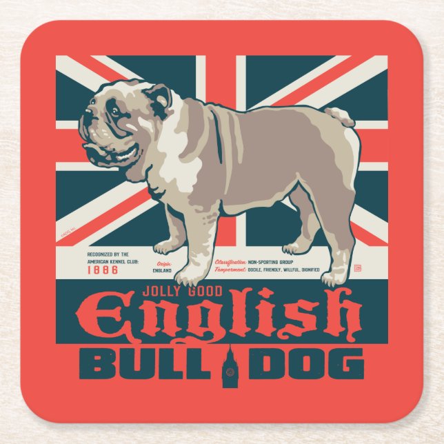 Jolly Good English Bulldog Square Paper Coaster (Front)