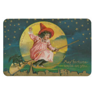Jolly Halloween Pink Witch on Broom Vintage Magnet