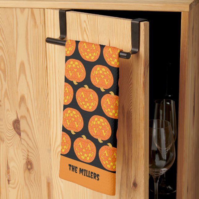 Jolly Jack O Lantern Pattern Cute Black Halloween Tea Towel (Thirds Fold)
