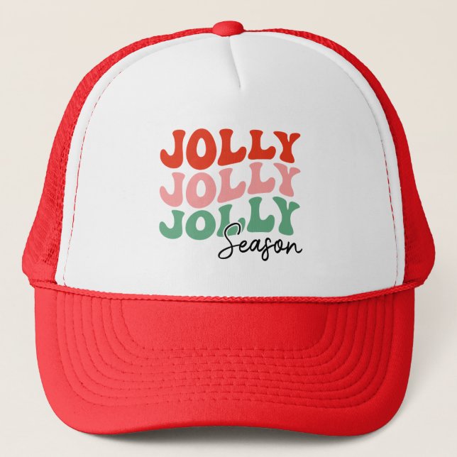 Jolly Jolly Jolly Season  Retro Holiday Typography Trucker Hat (Front)