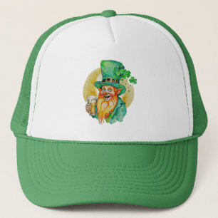 Jolly Leprechaun Drinking Beer Shamrock Brew Pub Trucker Hat