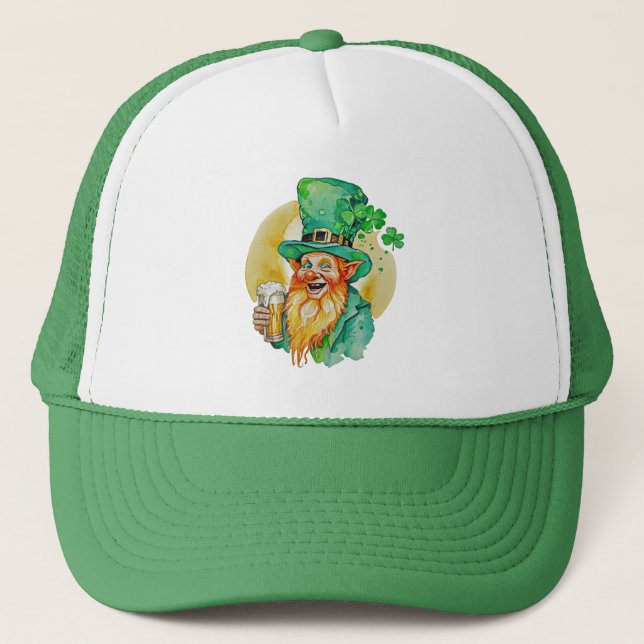 Jolly Leprechaun Drinking Beer Shamrock Brew Pub  Trucker Hat (Front)