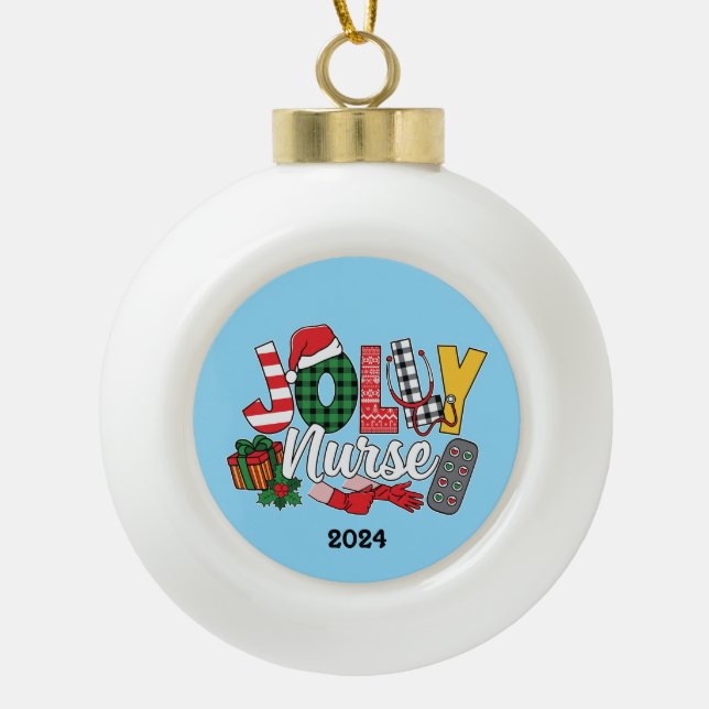 Jolly Nurse Ceramic Ball Christmas Ornament (Front)