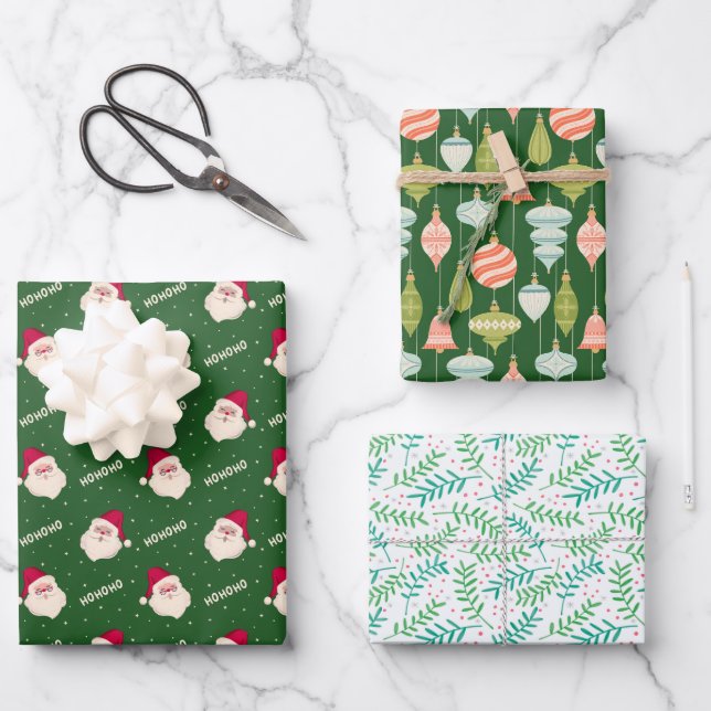 Jolly Old St. Nick, Christmas Ornaments and Holly Wrapping Paper Sheet (Front)