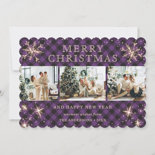 Jolly Purple Plaid Sparkly Snowflake Photo Collage Holiday Card (Front)