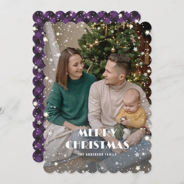 Jolly Purple Plaid Starry Photo Merry Christmas Holiday Card (Front/Back)