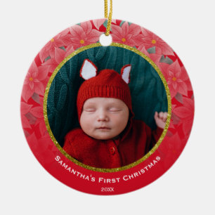 Jolly Red Poinsettia Baby's First Christmas Cerami Ceramic Ornament